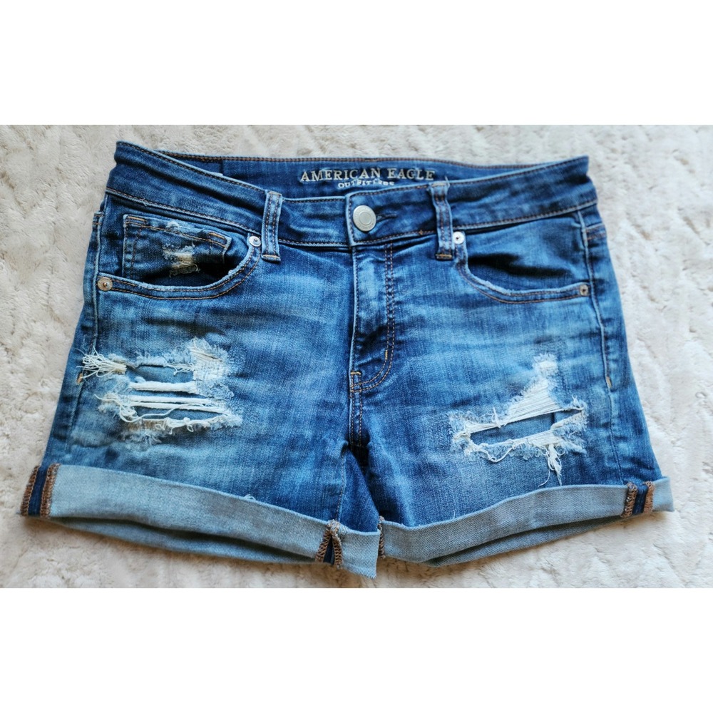 American Eagle Distressed Denim Midi Shorts Medium Wash Cuffed Size 6